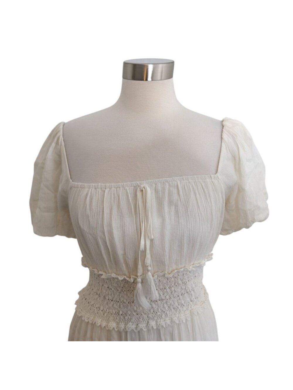 NEW Miss Avenue Cream Tiered Maxi Dress On Or Off Shoulder Size Small Boho - Picture 3 of 16